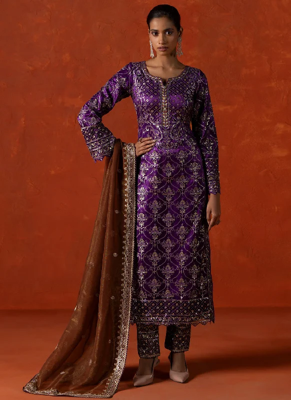 Purple and Brown Embroidered Straight Suit