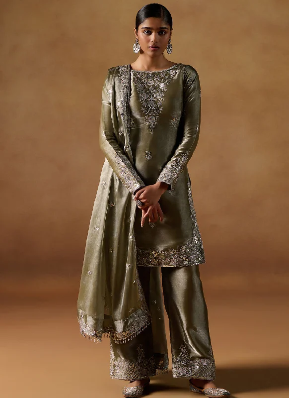 Olive Embroidered Tissue Straight Suit