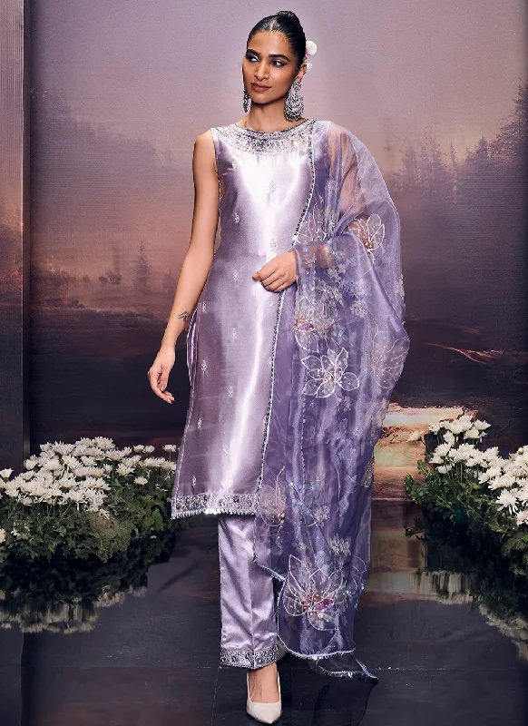 Lavender Embroidered Satin Straight Suit