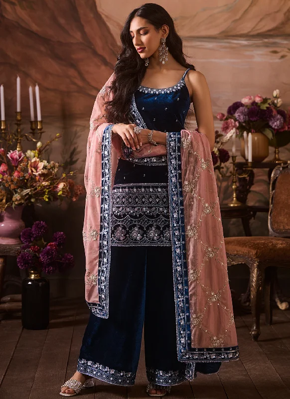 Deep Blue Embroidered Velvet Sharara