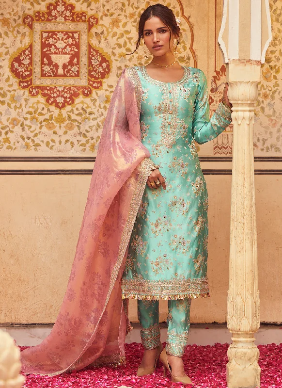 Aqua Blue Embroidered Brocade Straight Suit