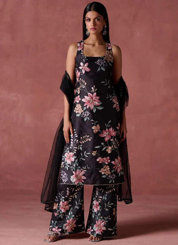 Black and Pink Floral Printed Straight Suit