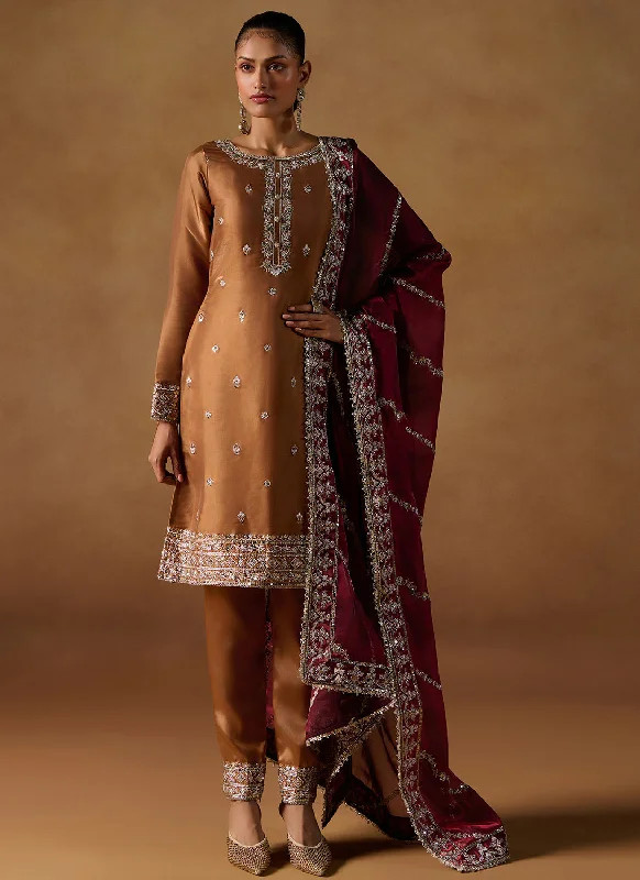 Rust Embroidered Tissue Straight Suit