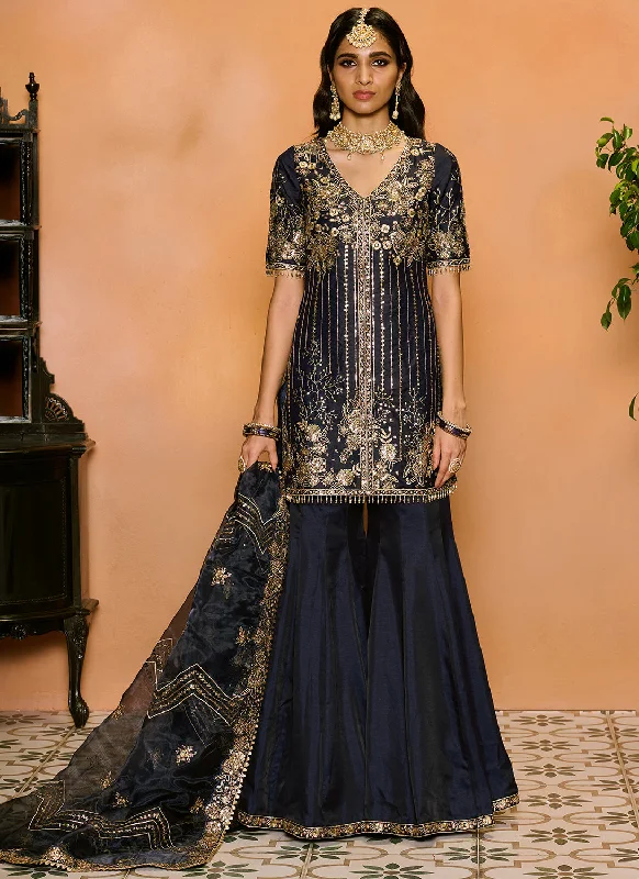 Navy Blue Embroidered Sharara Suit