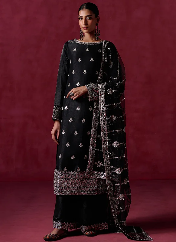 Black Embroidered Silk Straight Suit