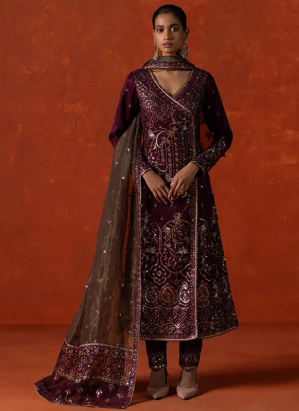 Dark Wine Embroidered Silk Straight Suit