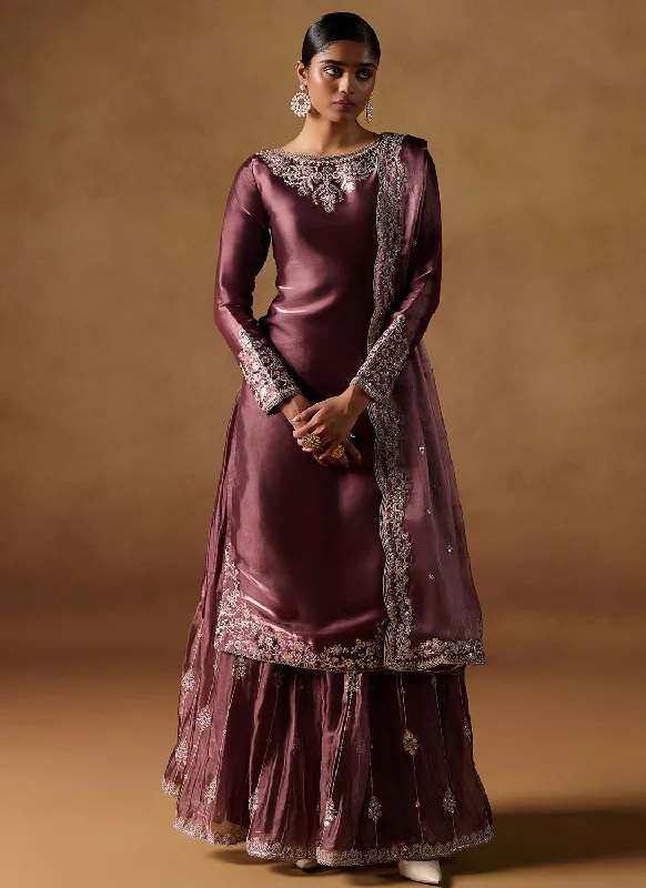 Deep Garnet Embroidered Tissue Sharara Suit