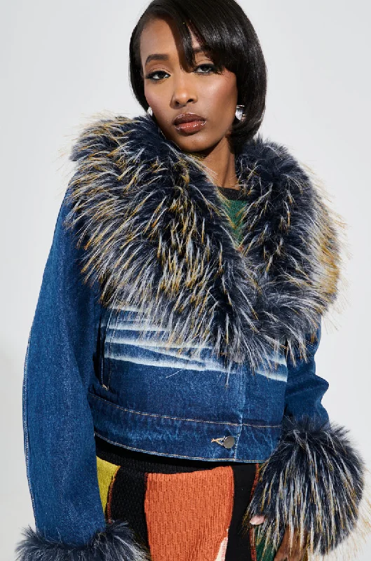 AD ASTRA FUR TRIM JACKET IN DARK BLUE DENIM