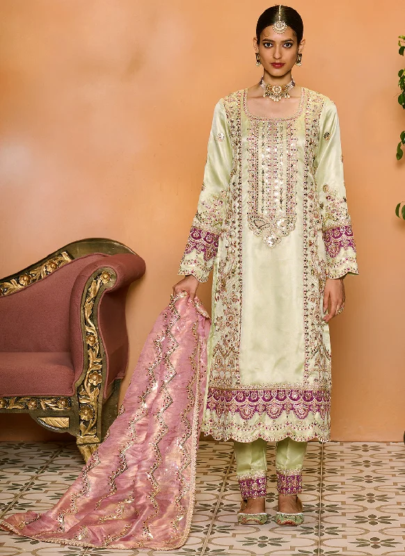 Light Green and Purple Embroidered Straight Suit