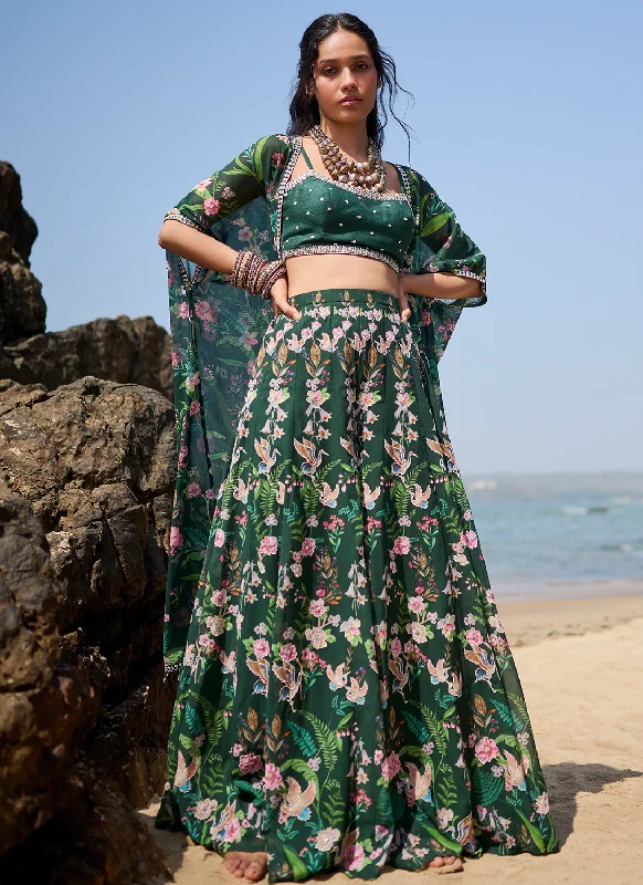 Bottle Green Floral Printed Crop Sharara Set