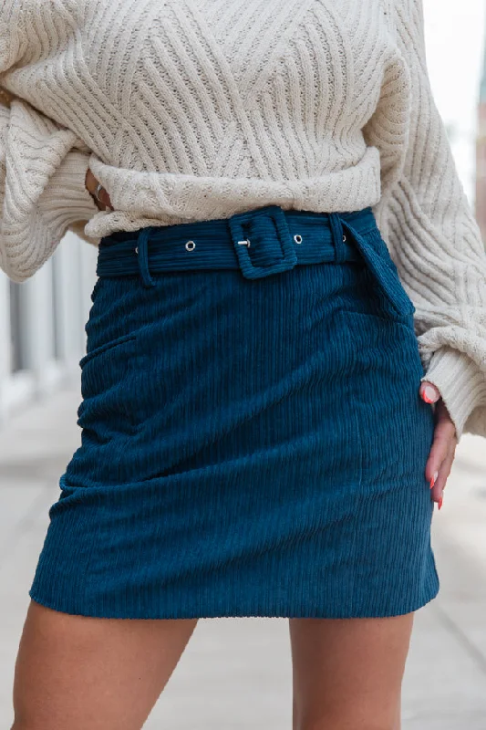 Talk About It Navy Belted Corduroy Skirt