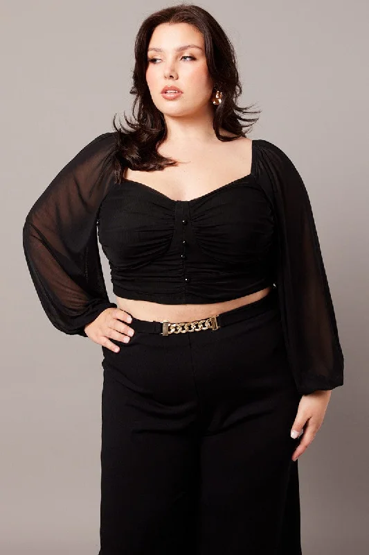 Black Crop Top Long Sleeve Ruched