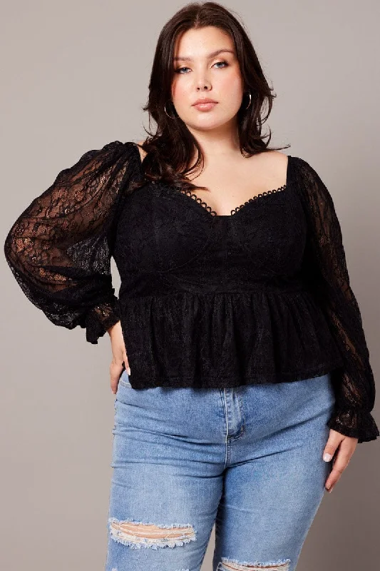 Black Peplum Top Long Sleeve Lace