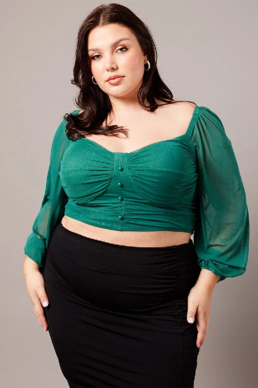 Green Crop Top Long Sleeve Ruched