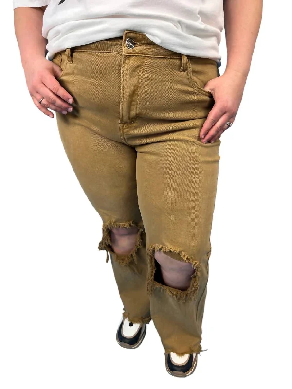 High Rise Knee Distressed Straight Pants In Mocha