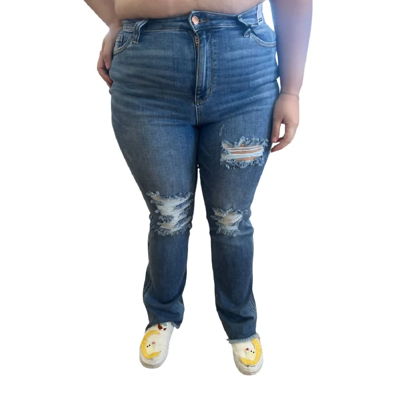 Plus Size High Waist Distressed Fray Hem Bootcut In Med Blue