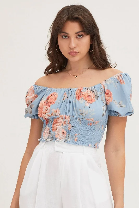 Print Crop Top Short Sleeve Shirred Waist