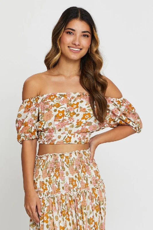 Print Crop Top Three-Quarter Tie Up