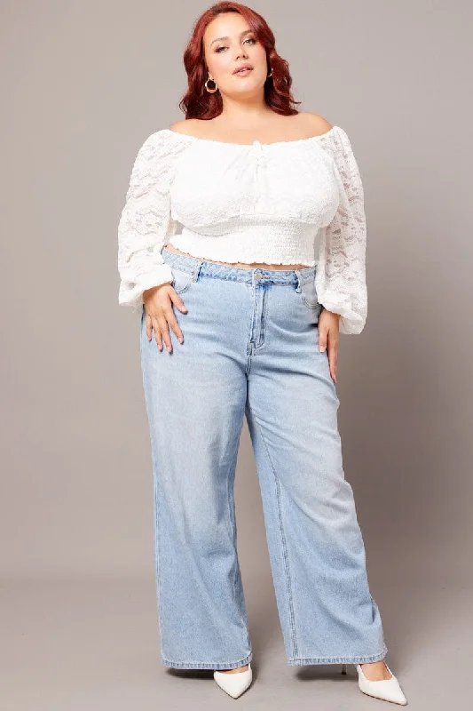 White Crop Top Long Sleeve Ruched Lace