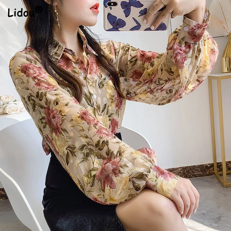 Women's Puff Sleeve Chiffon Blouse Fashion Designer Long-Sleeve Tops