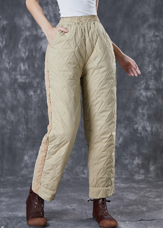 Chic Khaki Oversized Patchwork Thick Fine Cotton Filled Pants Winter