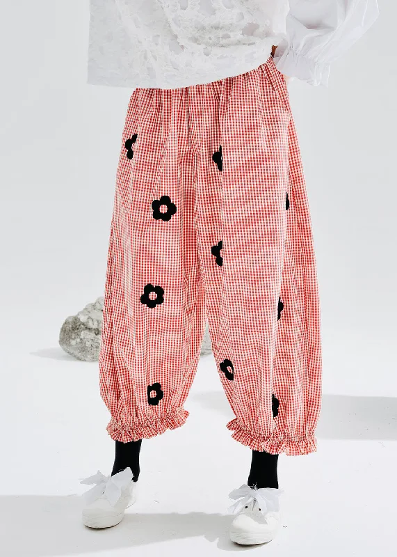 Cute Pink Pockets Ruffled Patchwork Print Harem Crop Pants Fall