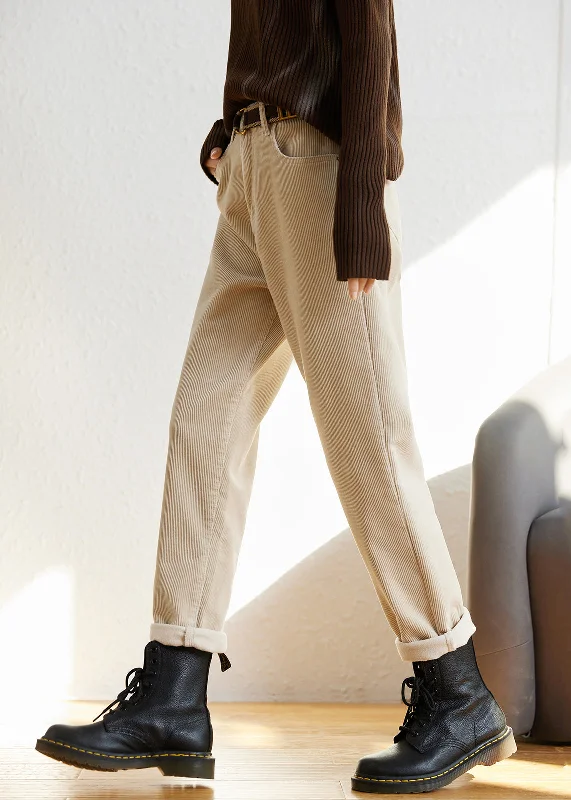 French Beige Pockets High Waist Fleece Pants Winter