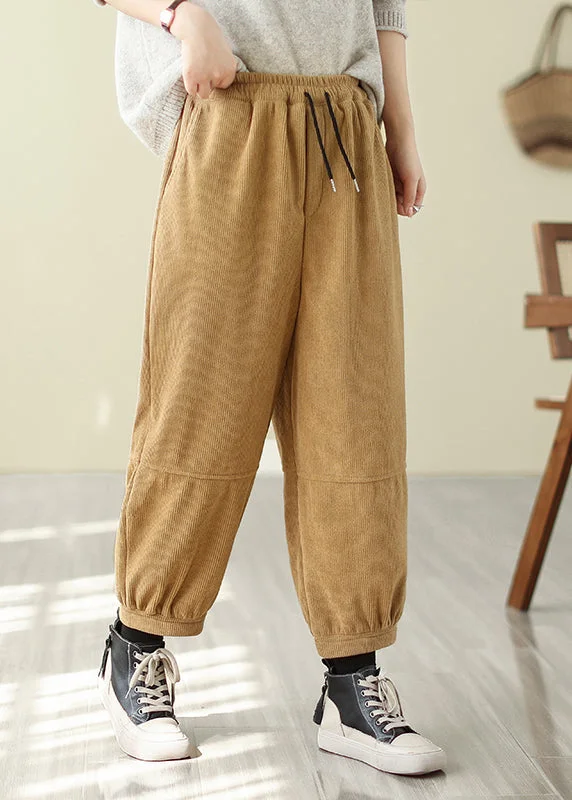 Women Yellow Oversized Patchwork Warm Fleece Corduroy Pants Winter