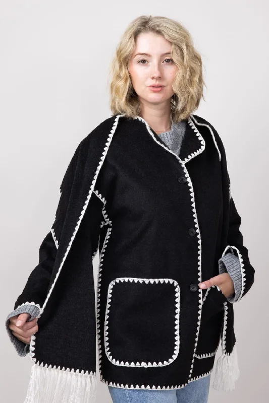 Elan Blanket Stitch Jacket with Detachable Scarf for Women in Black | JK8074-BLK