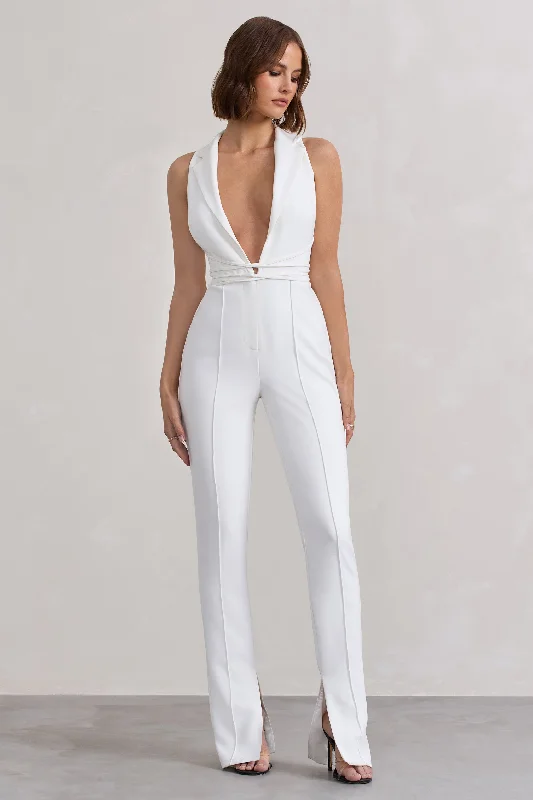 Darcy | White Plunge Neck Tailored Jumpsuit With Tie Detail