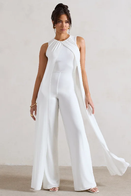 Essence | White High-Neck Wide-Leg Jumpsuit With Cape