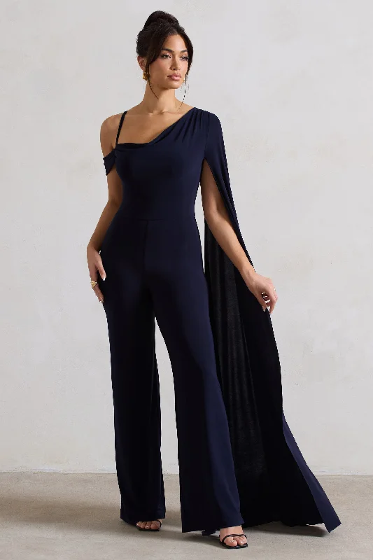 Jelena | Navy Asymmetric Draped Straight-Leg Jumpsuit With Cape Sleeve