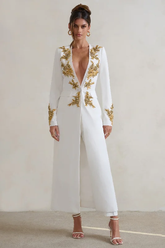 Matilda | White Plunge Floor Length Jacket with Gold Embroidery