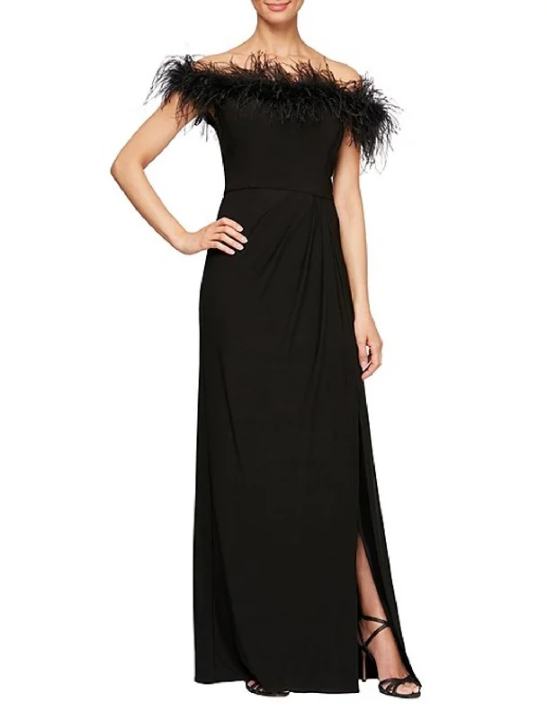 Sheath / Column Elegant Formal Evening Dress Off Shoulder Short Sleeve Floor Length Stretch Satin with Feathers / Fur Draping