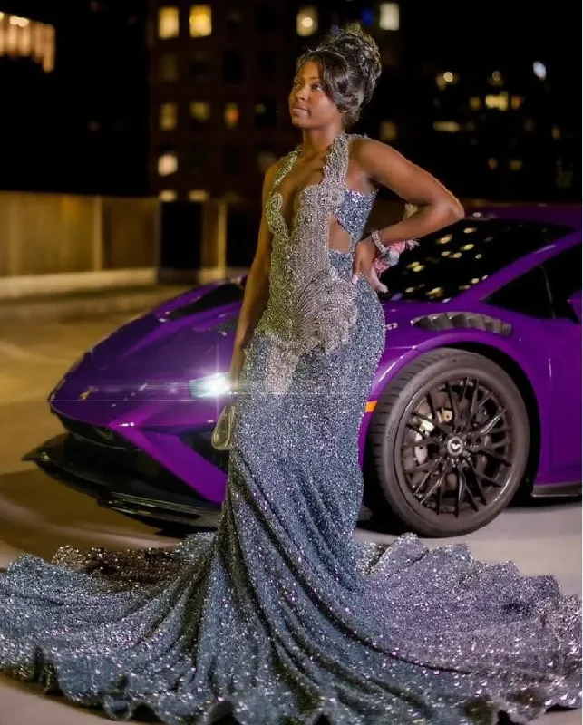 Silver Grey Diamond Mermaid Long Prom Birthday Dresses for Black Girl 2024 Sparkly Diamond Velvet Evening Ceremony Gala Dress