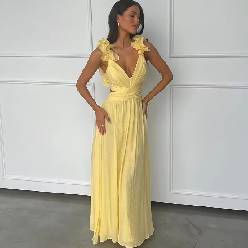 Summer Yellow Beach Prom Dress Sexy Backless Floor Length Sleeveless Straight Gown V-Neck Custom Luxury Long Evening Gown 2024