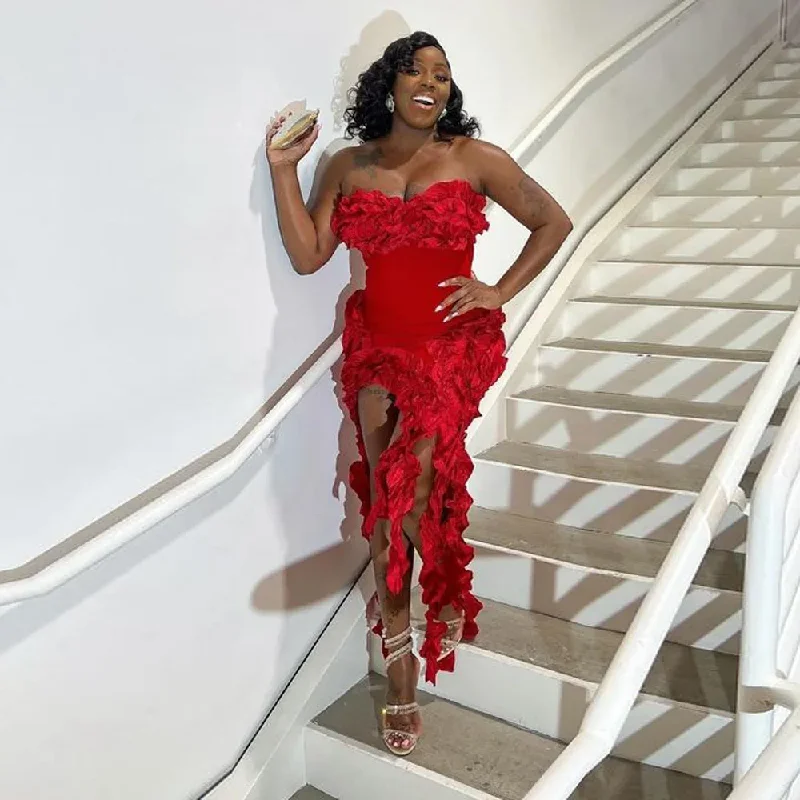 Trendy Sexy Red Ruffles Trimmed Afircan Women Dresses To Party Asymmetrical Strtchy Nigerian Stylished Maxi Dress