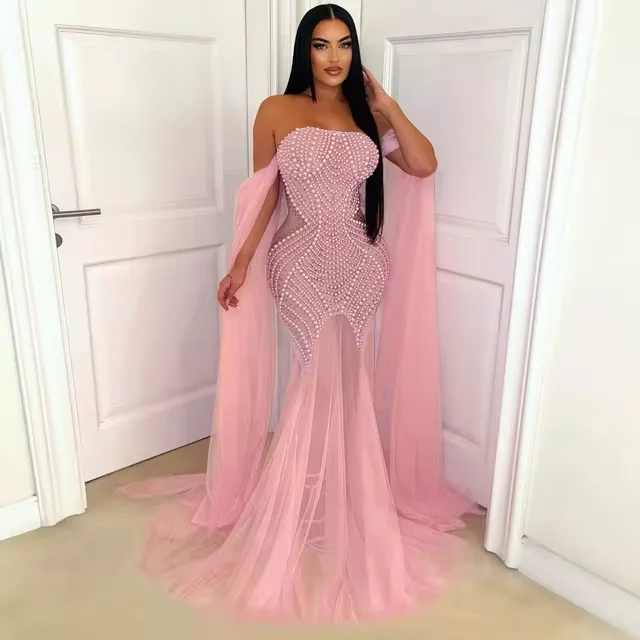 Women Pearl Strapless Mesh See Through Long Dresses Backless 2024 Summer Street Maxi Party Evening Mermaid Dress Vestido