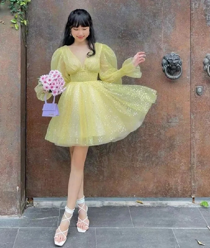 Yellow Glitter Tulle V-neck Homecoming Dresses Puff Sleeves Above Knee Cocktail Dresses Vestidos De Novia Party Dress