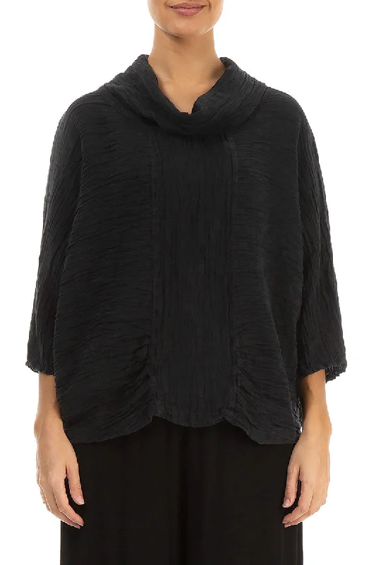 Cowl Neck Crinkled Black Silk Blouse