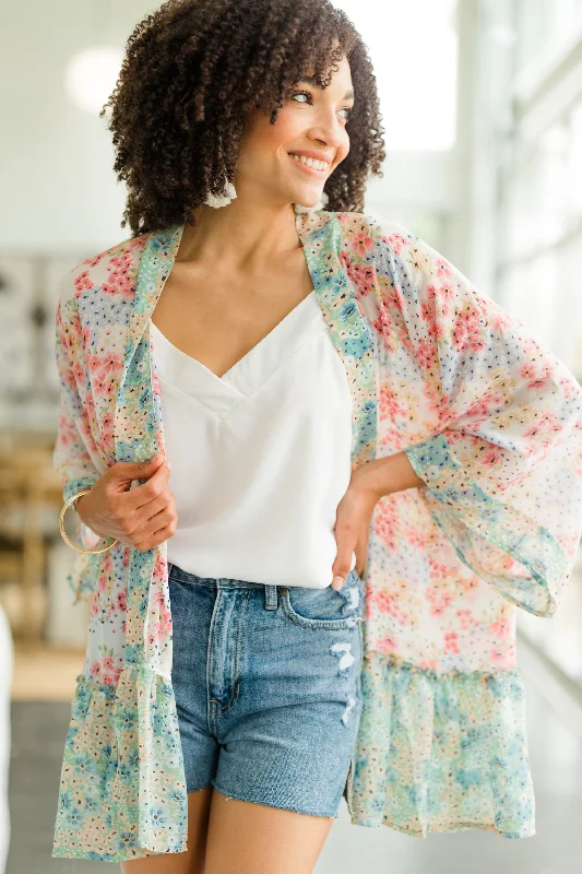 Easy Influence Cream White Ditsy Floral Kimono