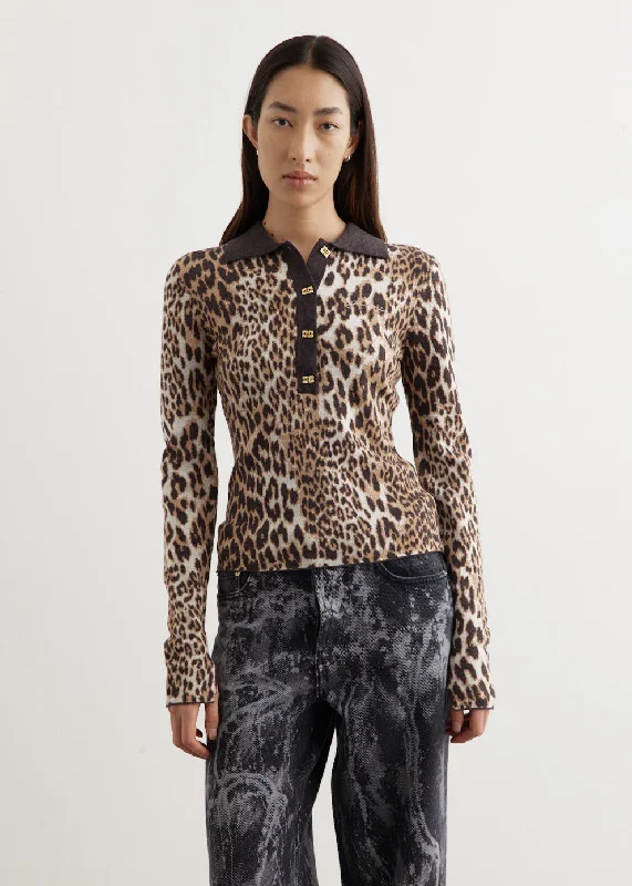 Fine Merino Jacquard Leopard Polo