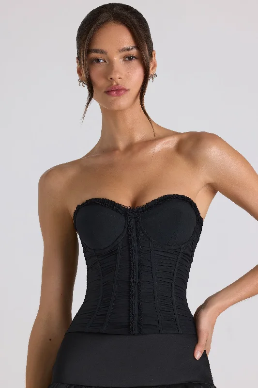 Ruched Lace-Up Strapless Corset Top in Black