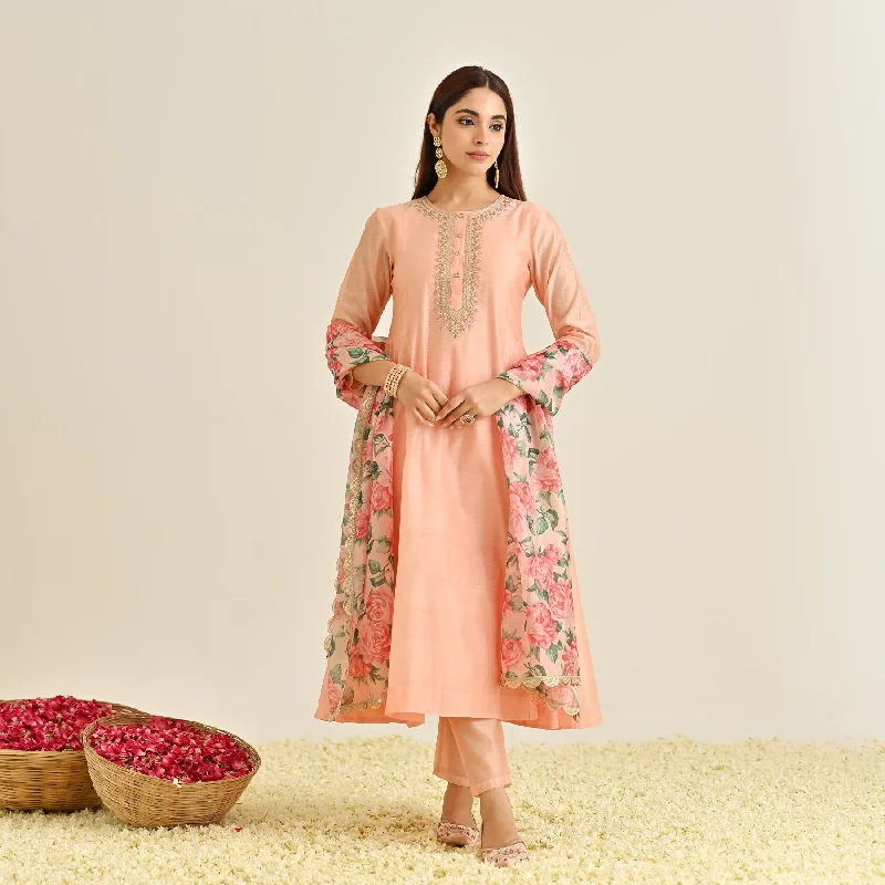 Peach Anarkali Set with Floral Printed Dupatta & Yoke Embroidery