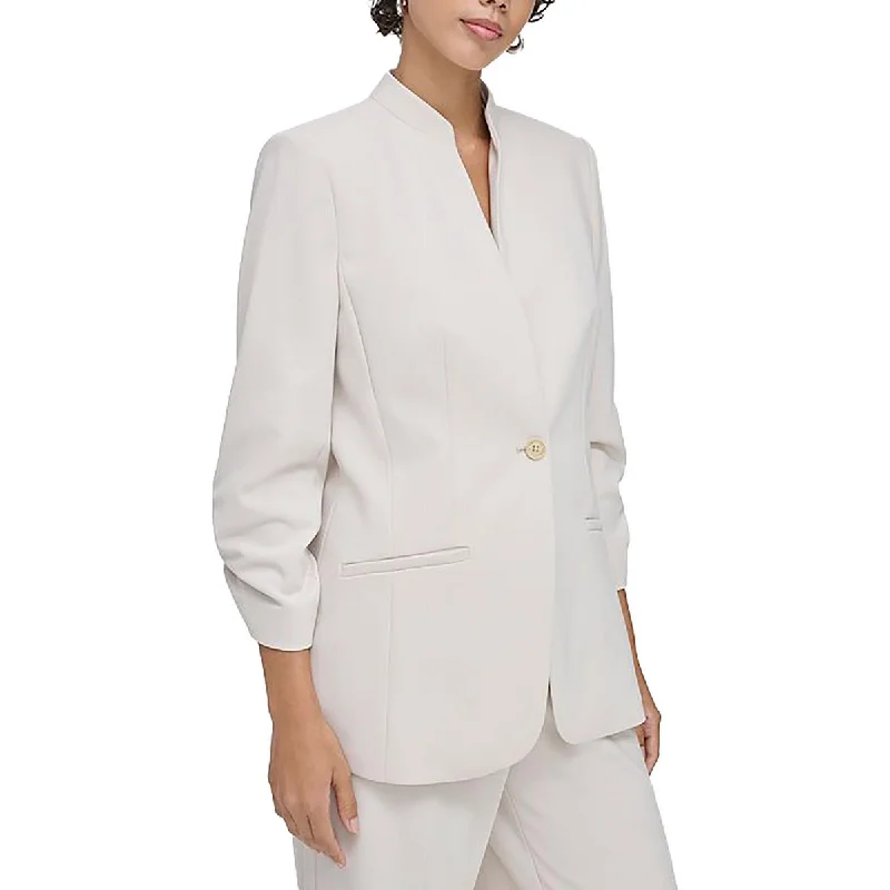 Petites Womens Ruched Business One-Button Blazer