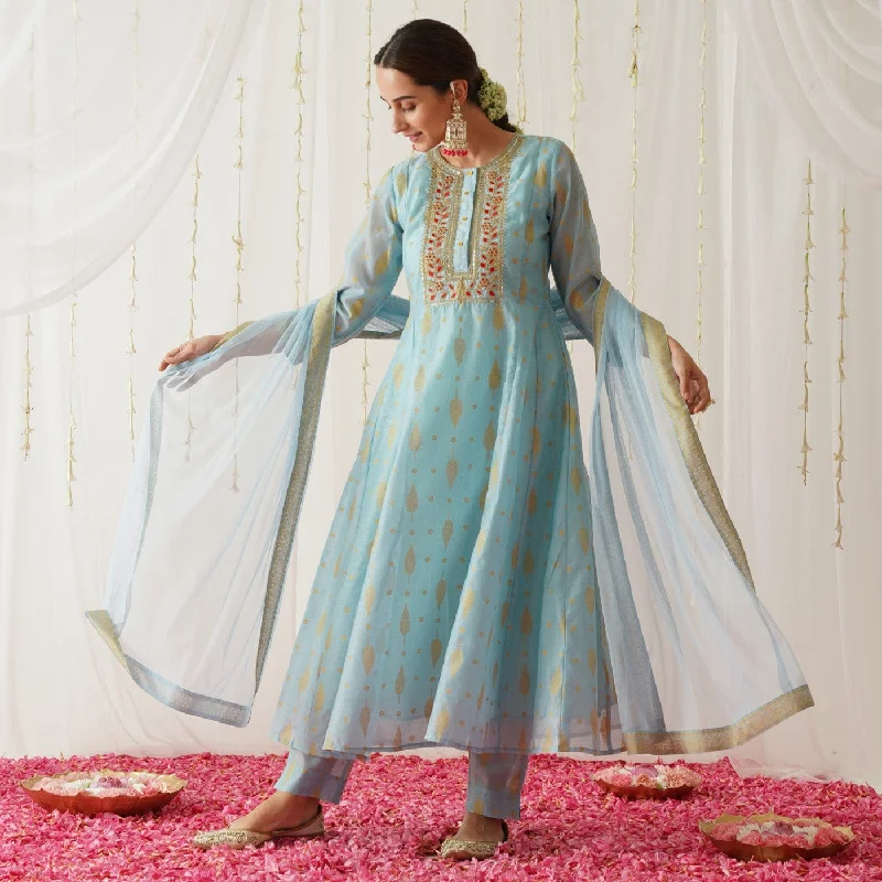 Sky Blue Chanderi Gold Printed Kurta Set with Dupatta