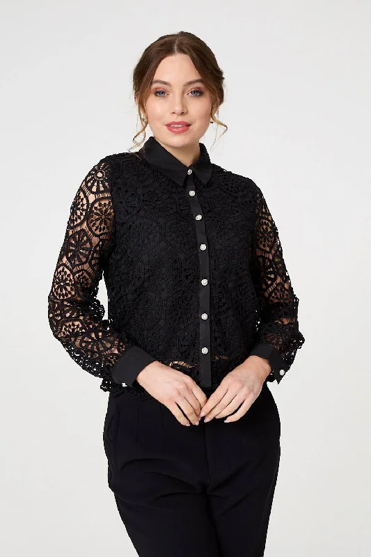 Lace Layer Sheer Sleeve Cropped Shirt