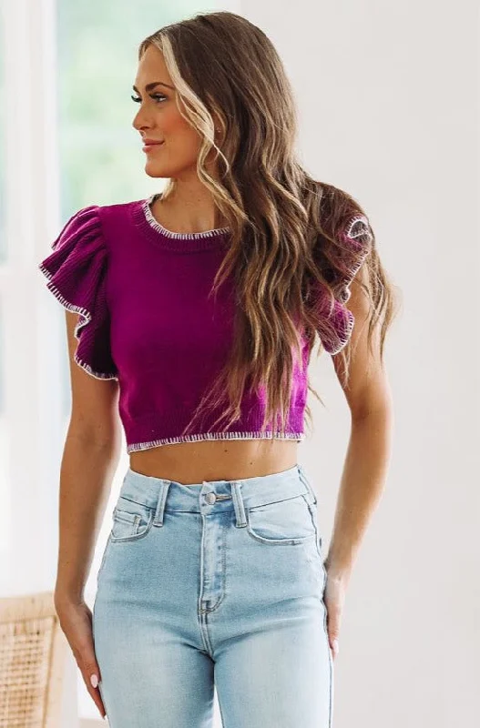 Tailgate Time Crop Sweater - Purple and White