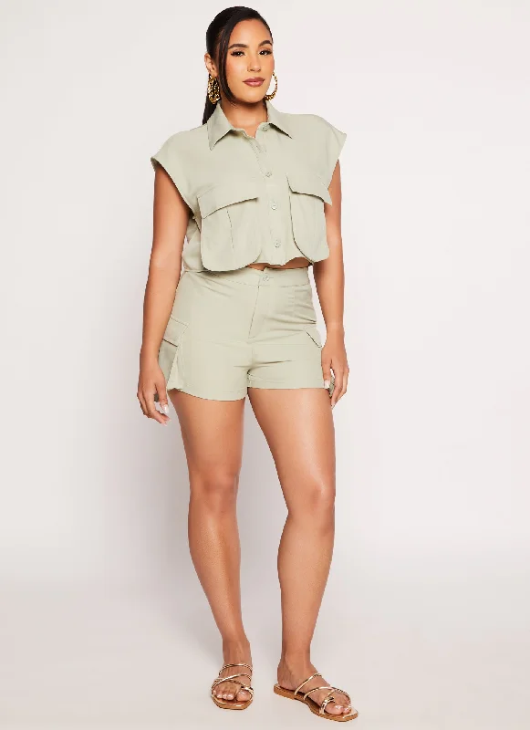 Crepe Knit High Waist Cargo Pocket Shorts