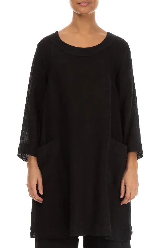 Two Pockets Black Gauze Linen Tunic